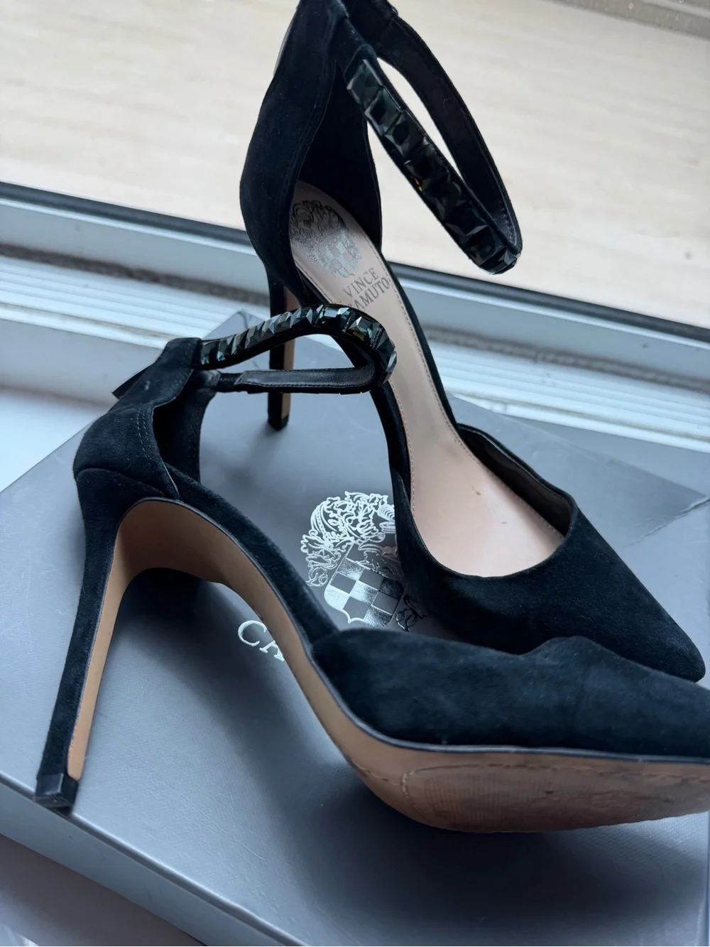 Vince Camuto Black Suede Pointed-Toe Ankle-Strap Heels